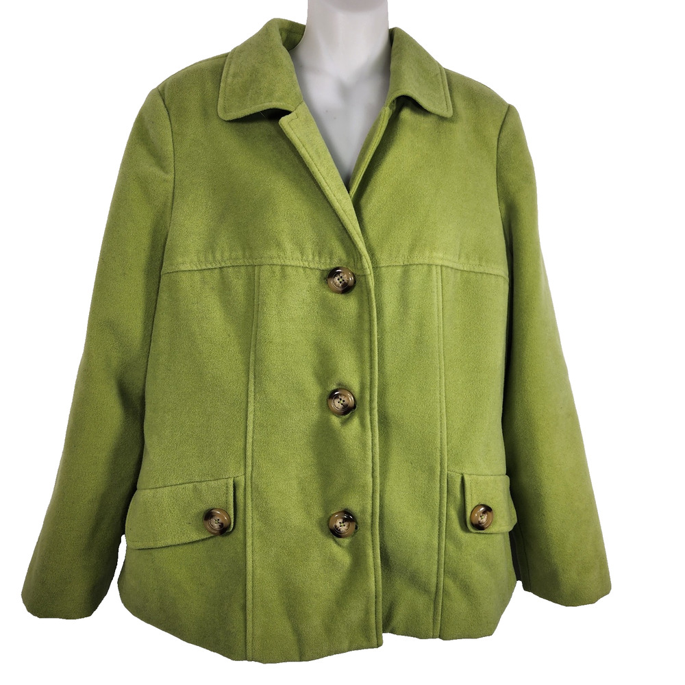 RQT Womens Jacket Size 12 Button Front Collared Lined Faux Pocket Green Career